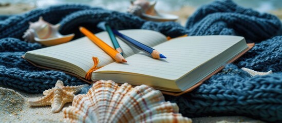 A blanket on the beach holds a notebook and a collection of pencils adorned with seashells. with copy space image. Place for adding text or design