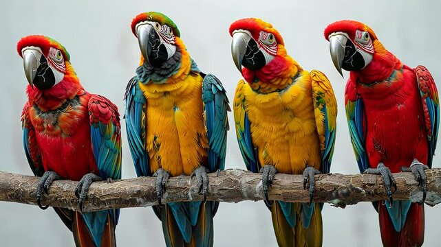 Four colorful macaws perched on a branch, showcasing vibrant plumage. Wildlife and nature photography concept