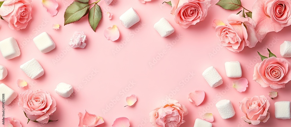 Poster Pink pastel background featuring roses and marshmallows Flat lay Top view. with copy space image. Place for adding text or design
