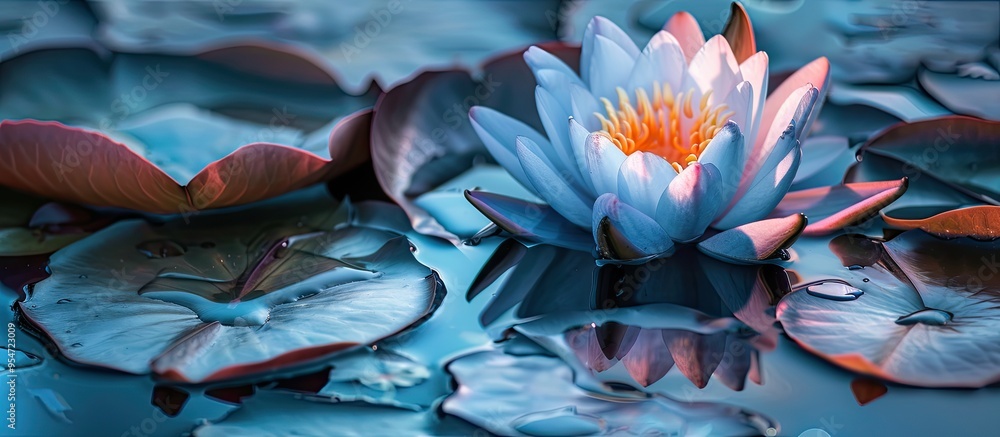 Wall mural A stunning lotus flower is enhanced by the vibrant colors of the deep blue water surface. with copy space image. Place for adding text or design