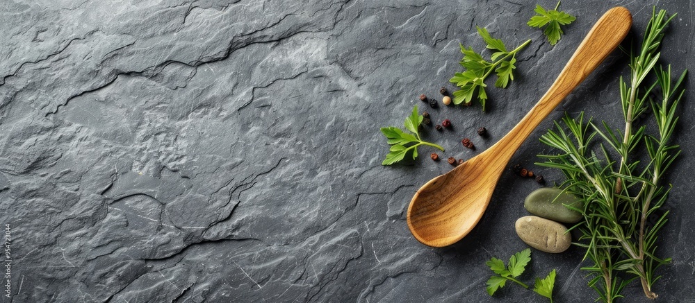 Fototapete herbs and a wooden spoon on a gray slate background. with copy space image. place for adding text or