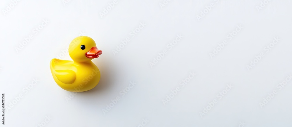Poster yellow rubber duck set against a white background minimalist style with a white backdrop top view fa