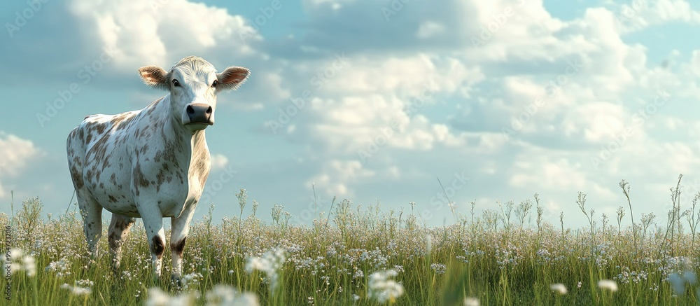 Aufkleber Meadow clear sky and cow. with copy space image. Place for adding text or design