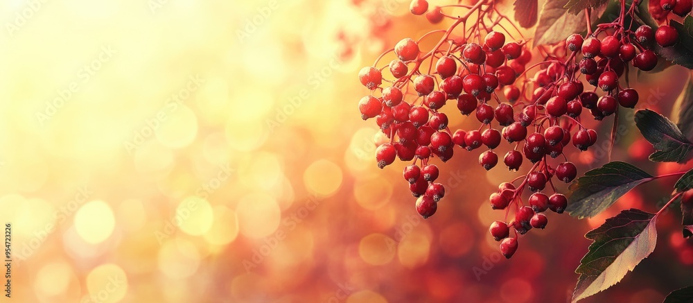 Poster Red elderberry branches with clusters of ripe berries. with copy space image. Place for adding text or design