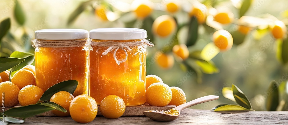 Aufkleber Delicious kumquat jam in a jar alongside fresh fruits on a white table with space for text. with copy space image. Place for adding text or design
