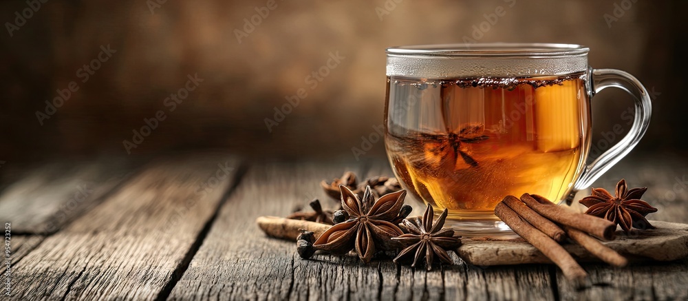 Aufkleber Aromatic tea with anise stars on a wooden table Room for text. with copy space image. Place for adding text or design
