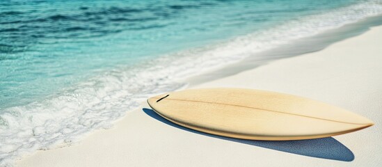 Obraz premium Surfboard on a white sandy beach without any people present Selective focus copyspace available Concept of summer activities water sports and an active lifestyle