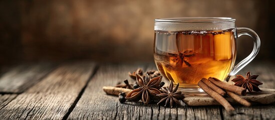Fototapeta premium Aromatic tea with anise stars on a wooden table Room for text. with copy space image. Place for adding text or design