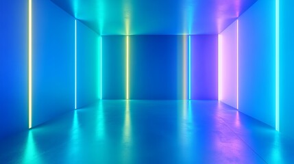 Immerse yourself in a futuristic realm with this blue-green gradient studio room. Its abstract walls and floor reverberate with neon hues, evoking the exhilarating rush of digital connectivity. 
