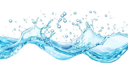 Blue Water Splash with Bubbles on White Background