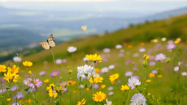 A hillside covered with wildflowers in bloom for Easter. A gentle breeze moves the flowers, with a few butterflies fluttering around.