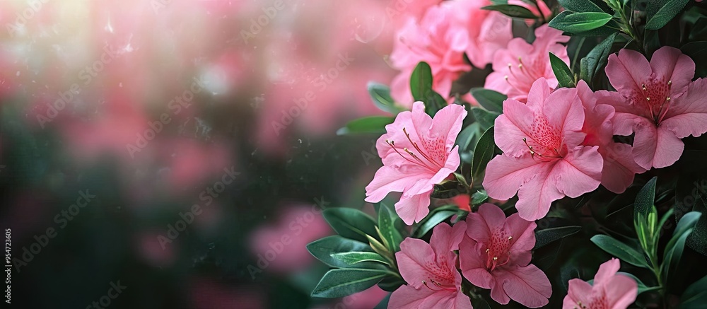 Poster beautiful pink azalea flowers with a background of desert rose. with copy space image. place for add