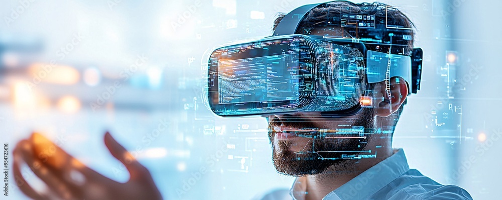 Poster vr headset user interacting with a 3d website model, futuristic web development concept, immersive d