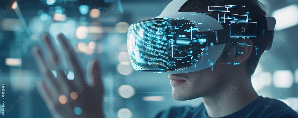 Poster vr headset user interacting with a 3d website model, futuristic web development concept, immersive d