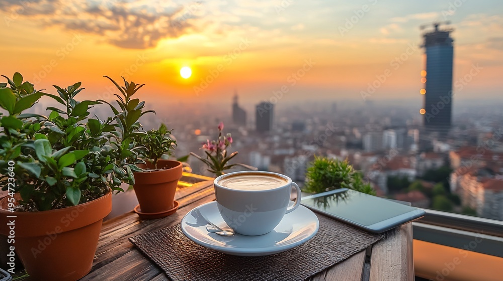 Poster cityscape workspace featuring a person working on a tablet at a rooftop cafe during sunset the warm 