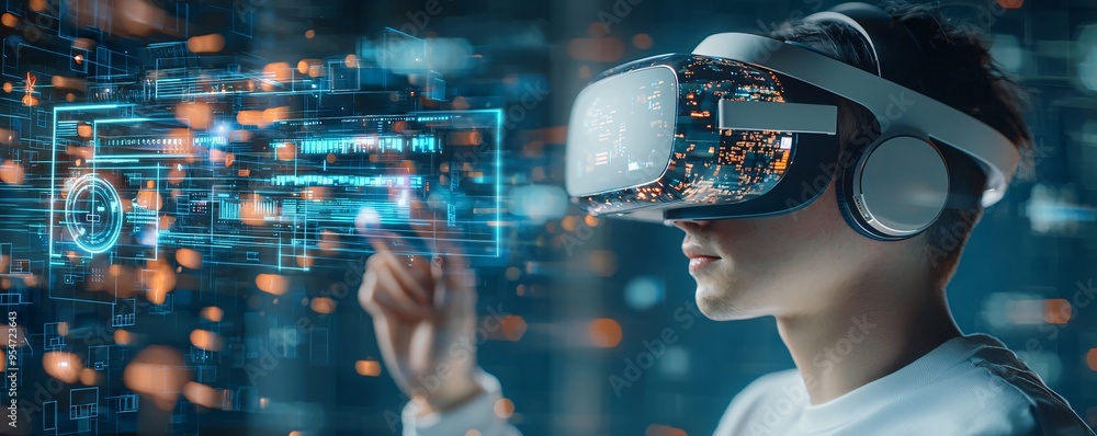 Poster vr headset user interacting with a 3d website model, futuristic web development concept, immersive d
