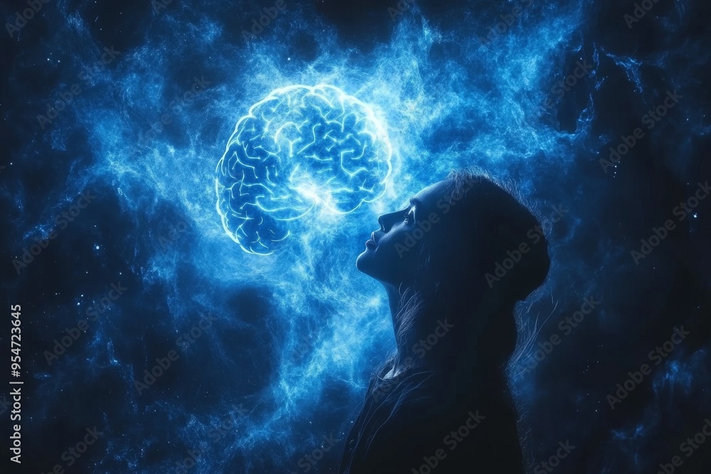 Poster neural pathways reasoning person standing under a swirling cosmic brain representing the expansive n
