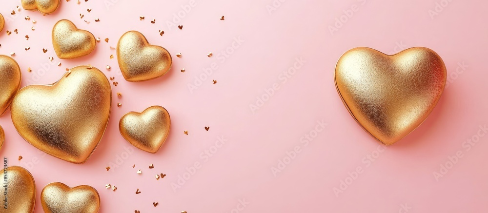 Aufkleber gold heart Valentine on pink backdrop. with copy space image. Place for adding text or design