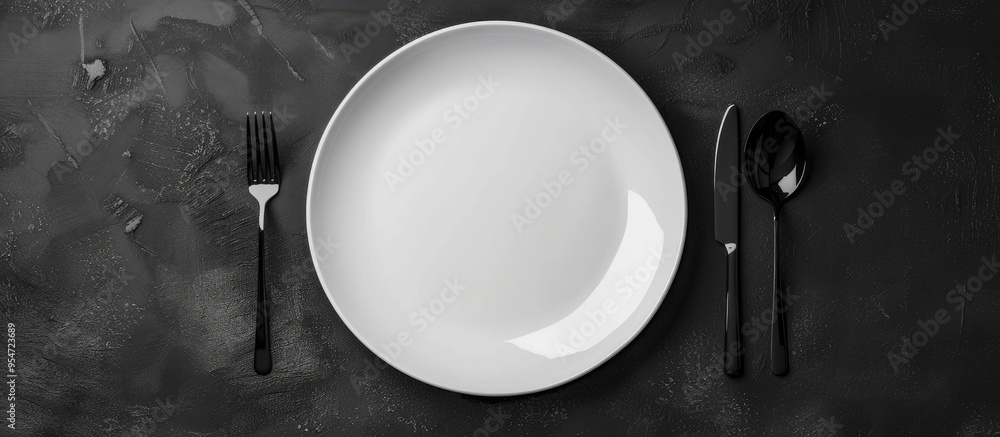 Aufkleber White plate set against a black background. with copy space image. Place for adding text or design