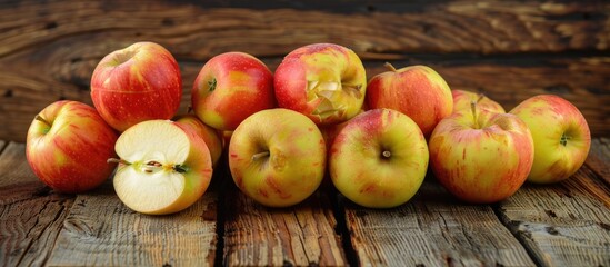 The Golden Delicious is an apple variety featuring a yellow hue distinct from the Red Delicious apple The rustic background of old wood shows damage and provides copy space for text
