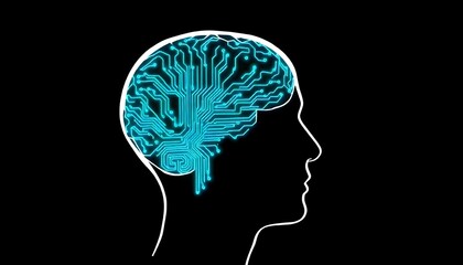 Obraz premium Digital thinking, a digital depiction of a circuit board as a brain suggesting business decision and AI isolated on a black background