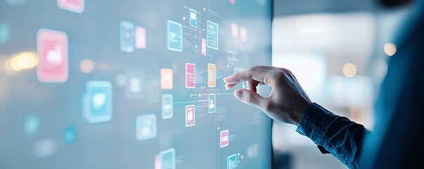 User interacting with a website prototype on a large touch screen, interactive design concept, user experience testing.