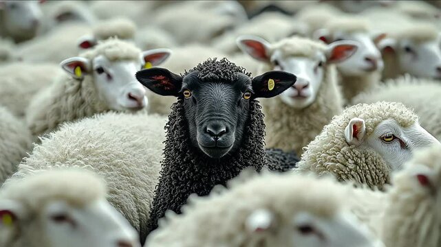 A black sheep surrounded by a flock of white sheep