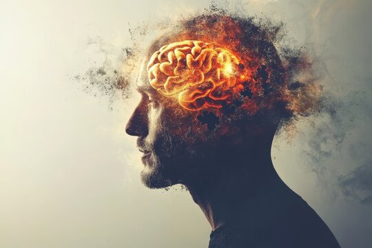 Synaptic plasticity Reasoning Side profile of a man with a burning brain symbolizing mental exhaustion the relentless pursuit of ideas and the destructive power of overthinking