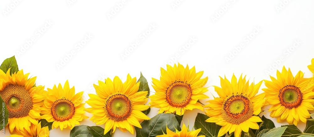 Poster Vivid summer mockup featuring sunflowers against a white background in close up. with copy space image. Place for adding text or design