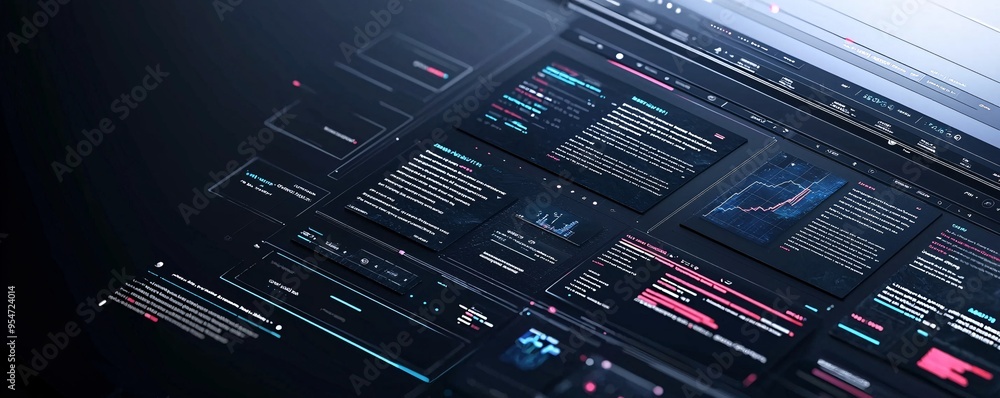 Poster dark mode website layout with glowing elements, trendy web design aesthetic, modern ui/ux concept.
