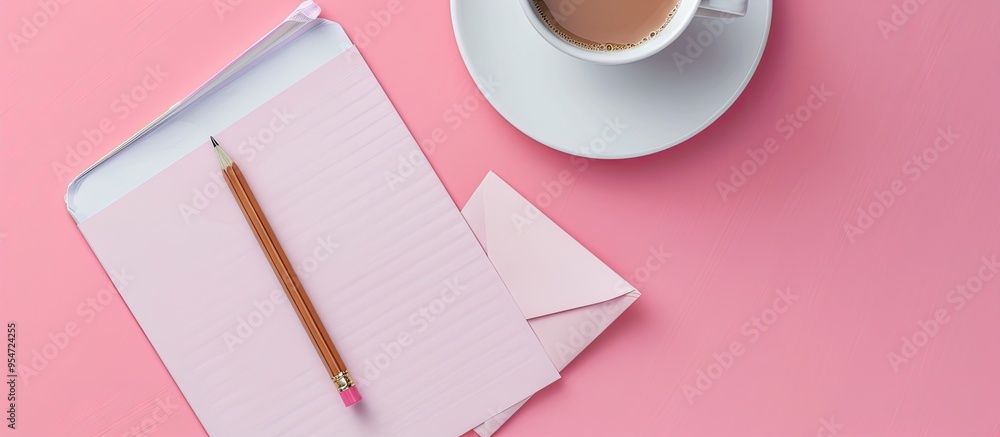 Poster white designer office desk featuring a pink notebook pencil cup of coffee and envelope top view with