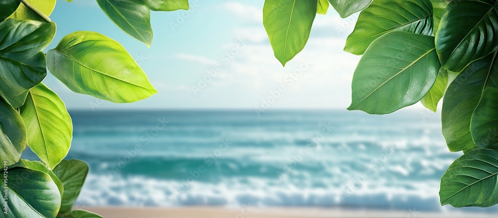 Aufkleber green leaves against a backdrop of the sea front view. with copy space image. place for adding text 