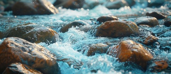 Close up of large boulders in a mountain creek Rapids of a swift river with copy space Foamy water current Quick flow near damp stones Background of clear water waves Natural texture of the shiny stre