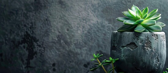 Succulent in a green pot on a gray stone background with copy space