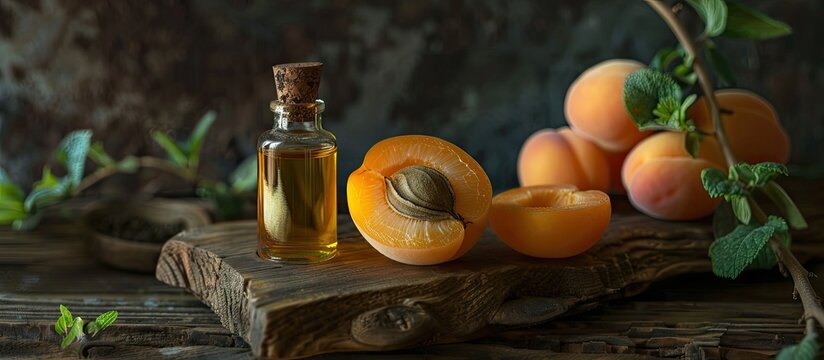 Fruit aroma oil Apricot kernel oil on a dark wooden background top view with copy space