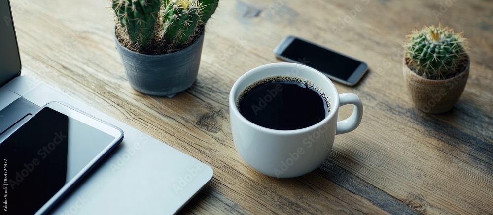 Aufkleber top view image of a notebook laptop with a white ceramic cup of black coffee a cactus pot and a smar