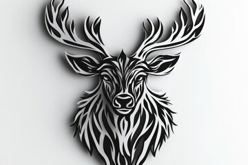 Obraz premium A balanced and symmetrical artistic representation of a deer with prominently detailed antlers, rendered in a black and white design, emphasizing modern elegance.