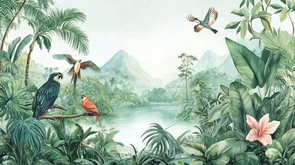 Immerse yourself in a vibrant jungle oasis with this captivating wallpaper mural. Intricate details depict lush tropical foliage, exotic birds, and graceful animals