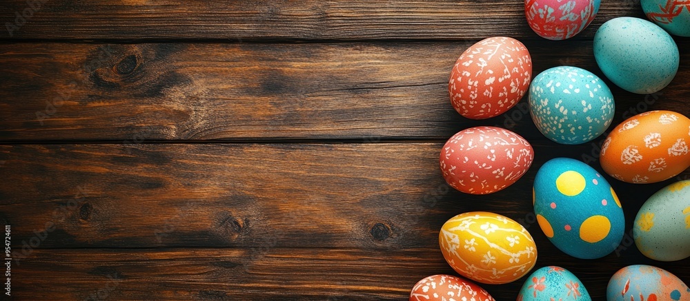 Aufkleber Easter greeting card featuring colorful Easter eggs on a wooden background Top view flat lay with room for your greetings. with copy space image. Place for adding text or design
