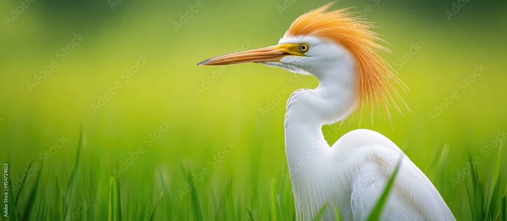 Poster closeup profile portrait of a cattle egret with a green grass background and copyspace