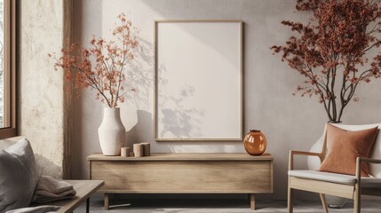 Cozy and stylish interior of living room with mock up poster frame, wooden console, flowers in vase, decorations and personal accessories. Modern home decor. Template. 