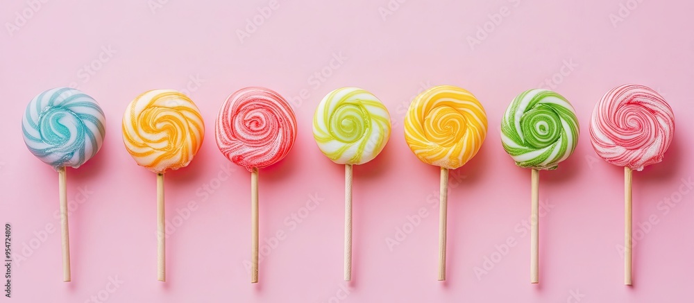 Leinwandbilder top view of brightly colored swirl lollipops on wooden sticks set against a pink background. with co