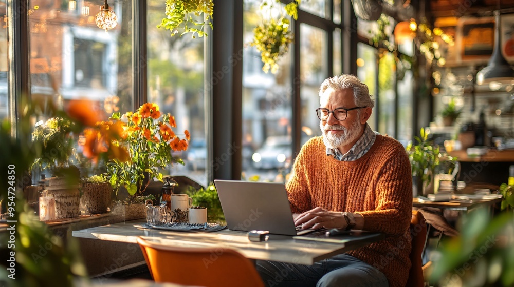 Poster cityscape workspace with a digital nomad typing on a laptop in a stylish urban cafe large windows of