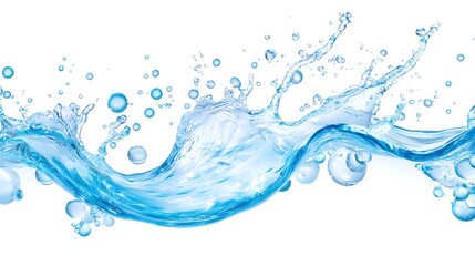 Blue Water Splash with Bubbles on White Background