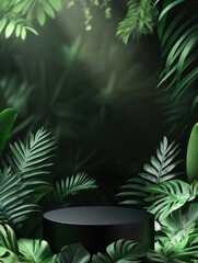 Black abstract stage with one circle podium mockup, tropical green leaves, template for presentation cosmetic products, goods, design, advertising, with generative ai
