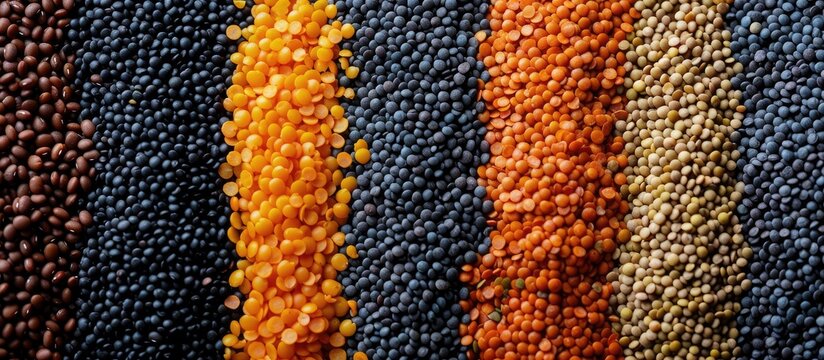 A handful of black lentils sitting on a white background A pattern of dry beluga lentil grains raw dal daal dhal masoor pulse wallpaper with copy space Viewed from above