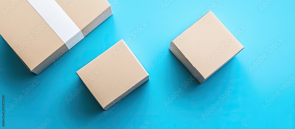 Poster Two white cardboard boxes are set up on a blue background arranged in a flat lay There is a banner featuring empty space for a logo or announcement. with copy space image