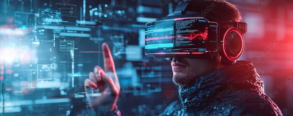 Poster virtual reality scene of a user building a website in a 3d environment, immersive web development co