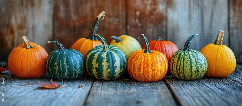 Aufkleber A closeup of different pumpkins on a wooden surface with room for your text autumn themed backdrop. with copy space image. Place for adding text or design