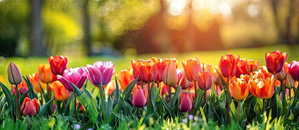 Poster Spring natural background with blooms Springtime theme Top view. with copy space image. Place for adding text or design
